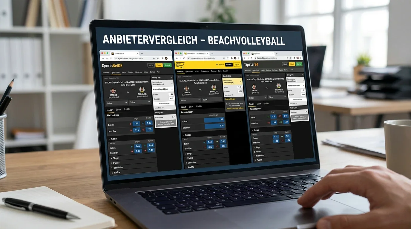 Vergleich von Sportwetten-Anbietern auf Laptop-Bildschirm mit Beachvolleyball-Live-Märkten