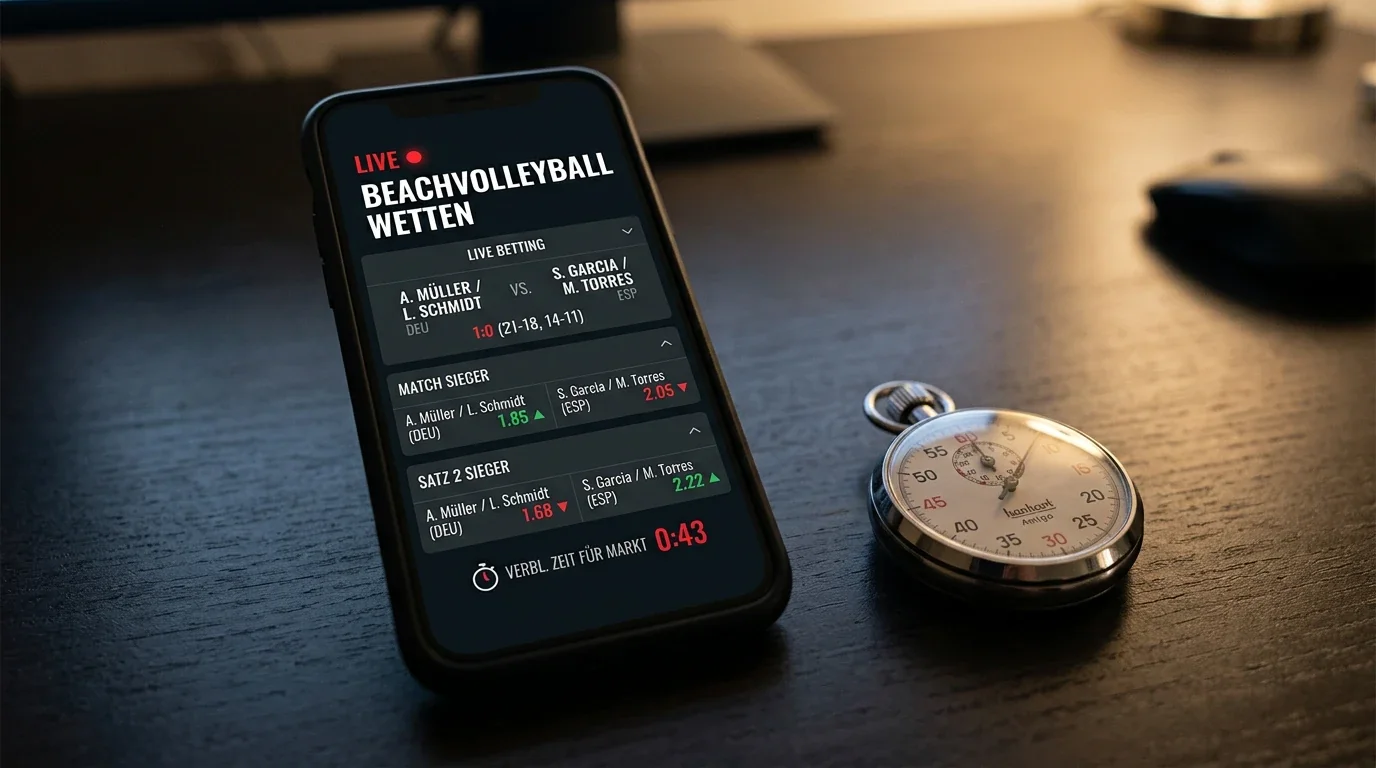 Uhr und Wettquoten auf Smartphone-Display – optimales Timing für Beachvolleyball-Live-Wetten