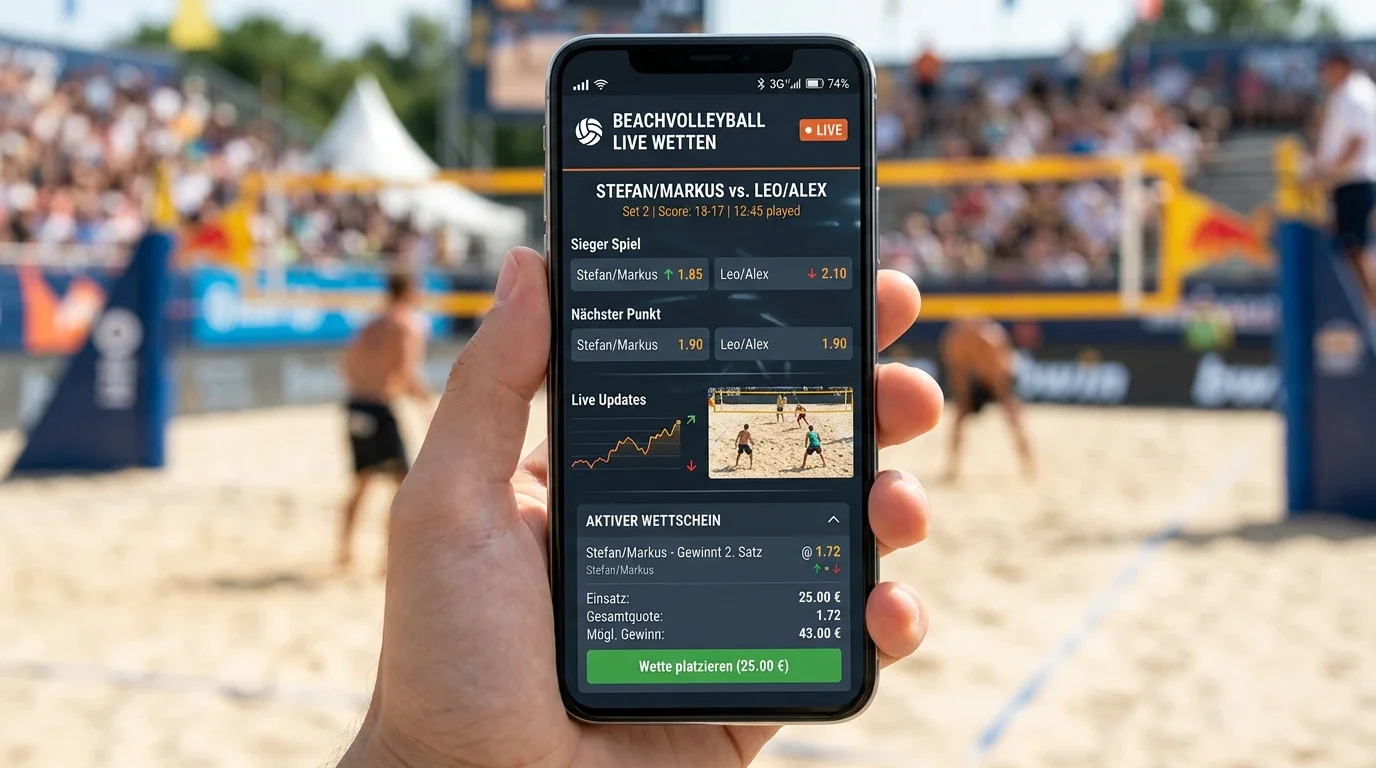 Beachvolleyball In-Play-Wetten: Echtzeit-Quotenanpassung auf digitalem Wettschein während des Matches