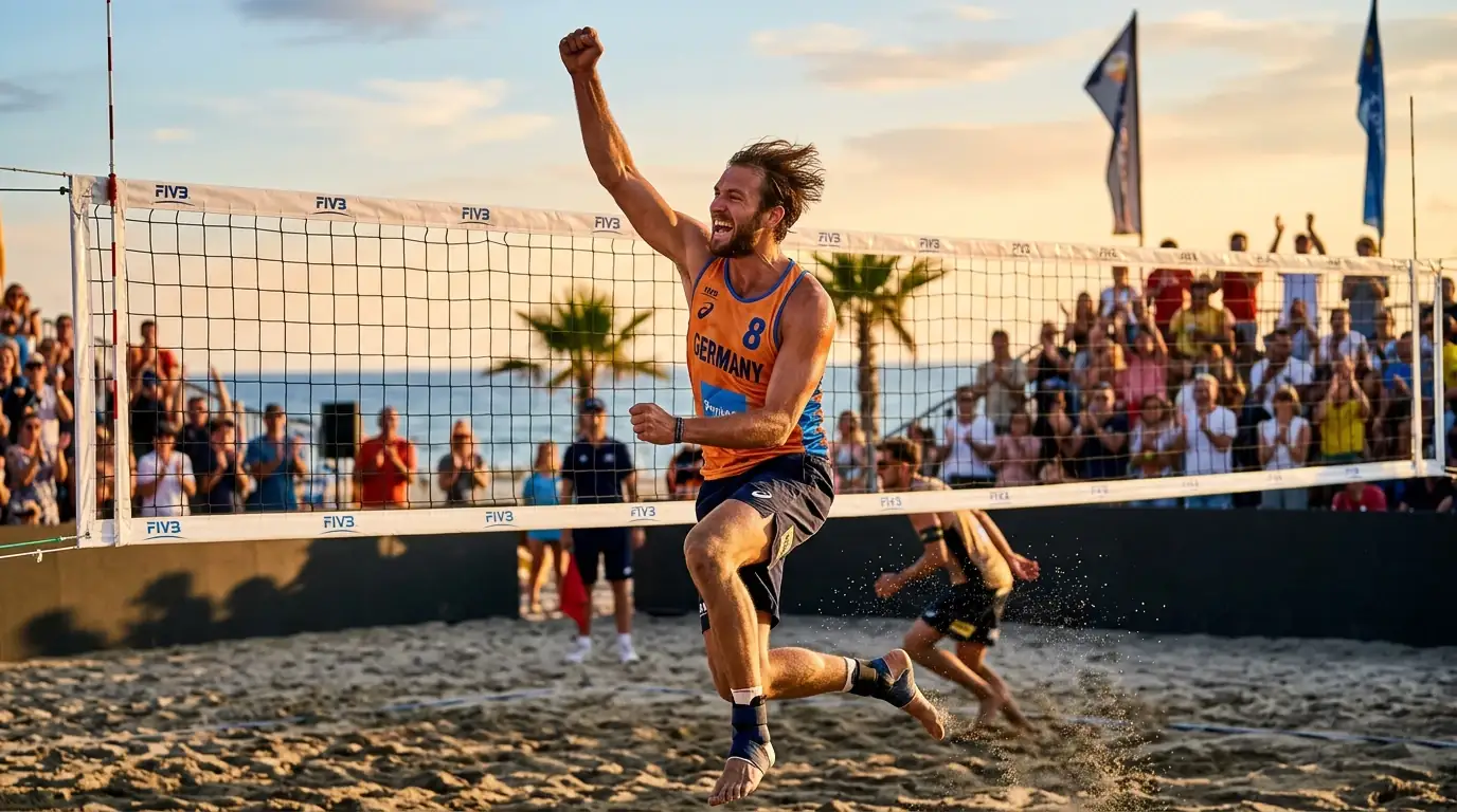 Beachvolleyball-Spieler am Netz nach Punktgewinn – sichtbarer Momentum-Wechsel als Signal für Live-Wetten