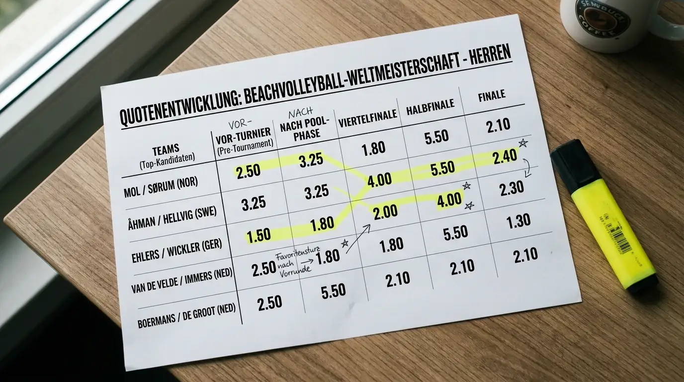 Entwicklung der Favoritenquoten im Verlauf einer Beachvolleyball-Weltmeisterschaft