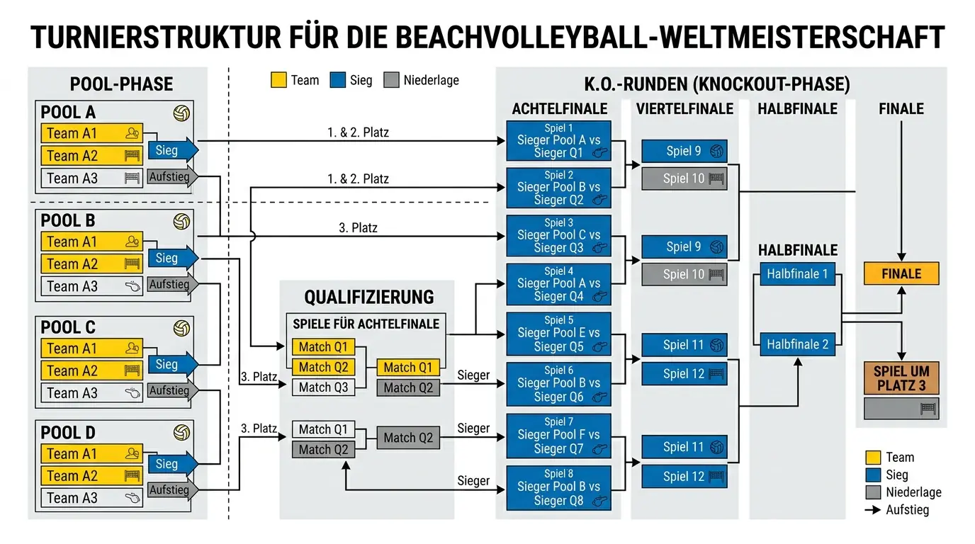 Turnierformat der Beachvolleyball-Weltmeisterschaft – Pool-Phase, K.o.-Runden und Halbfinale erklärt