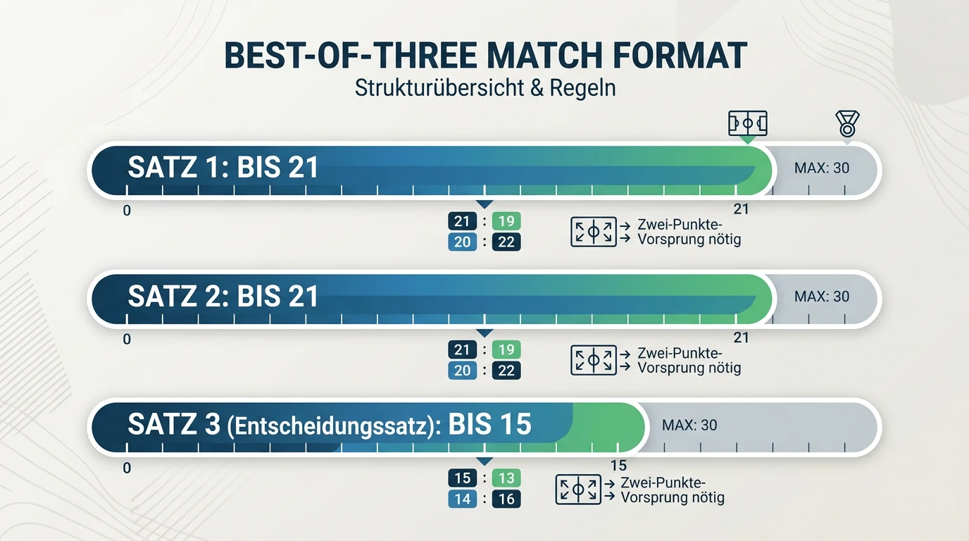 Grafik zum Best-of-Three-Format im Beachvolleyball mit Punkteständen 21-21-15 und Zwei-Punkte-Regel