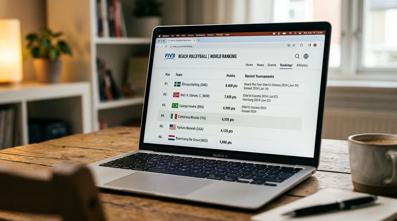 Screenshot-Illustration der FIVB-Website mit Beachvolleyball-Weltrangliste und Paarungsdaten