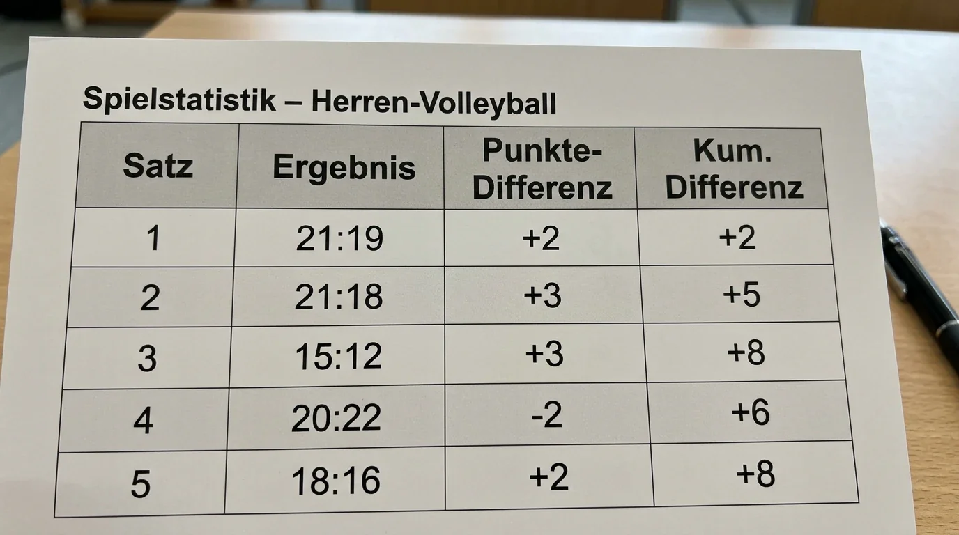 Punkthandicap-Berechnung Beachvolleyball – Tabelle mit Satzergebnissen und kumulierter Punktdifferenz