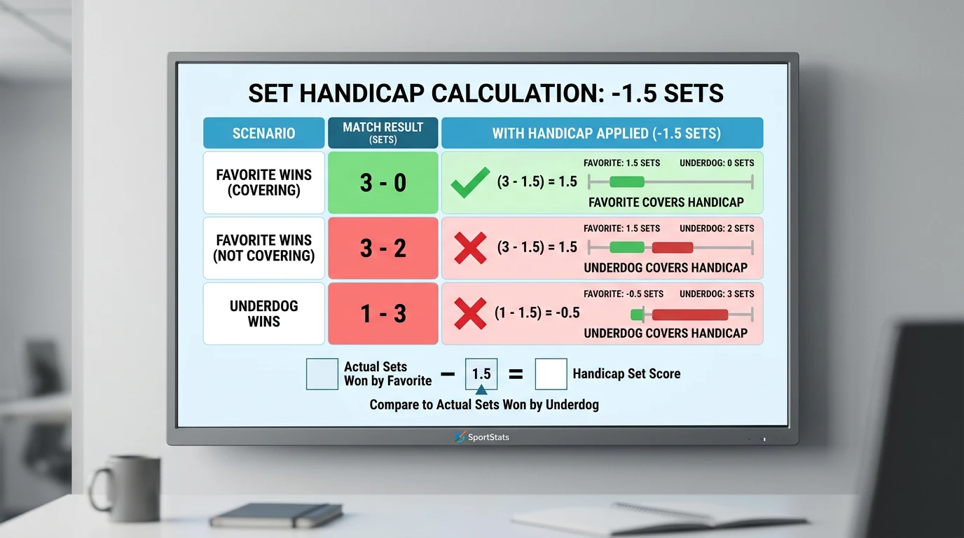Satzhandicap-Berechnung im Beachvolleyball – Schematische Darstellung von -1,5 Handicap für Favoritenteam