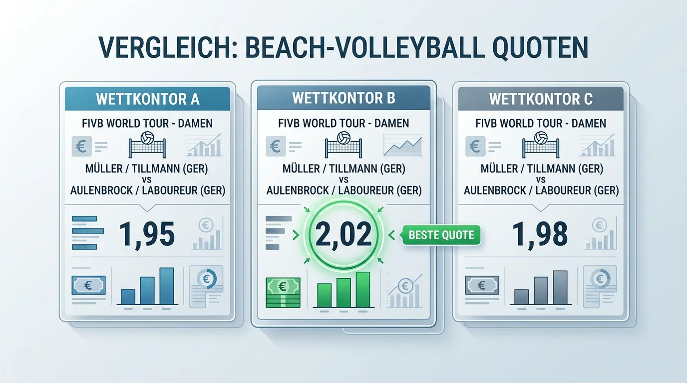 Illustration der Quotenunterschiede für dasselbe Beachvolleyball-Match bei verschiedenen GGL-lizenzierten Anbietern