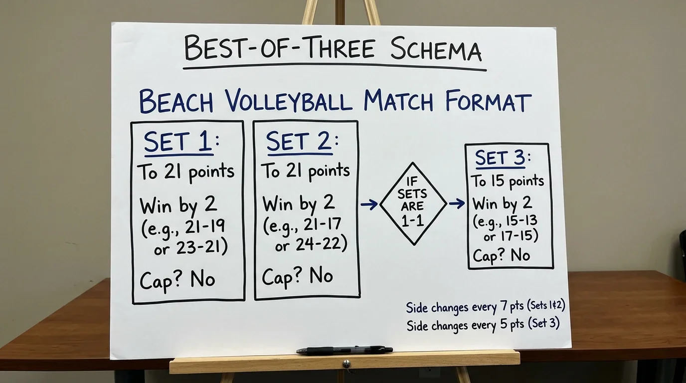 Beachvolleyball-Satzformat-Erklärung: Tafel mit Best-of-Three-Schema und Punkten bis 21 und 15