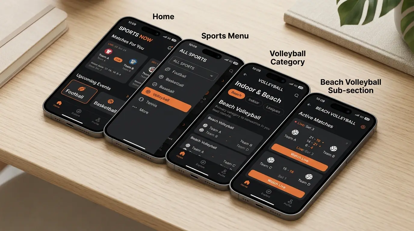 Navigationsstruktur einer Sportwetten-App mit direktem Zugang zur Beachvolleyball-Sektion