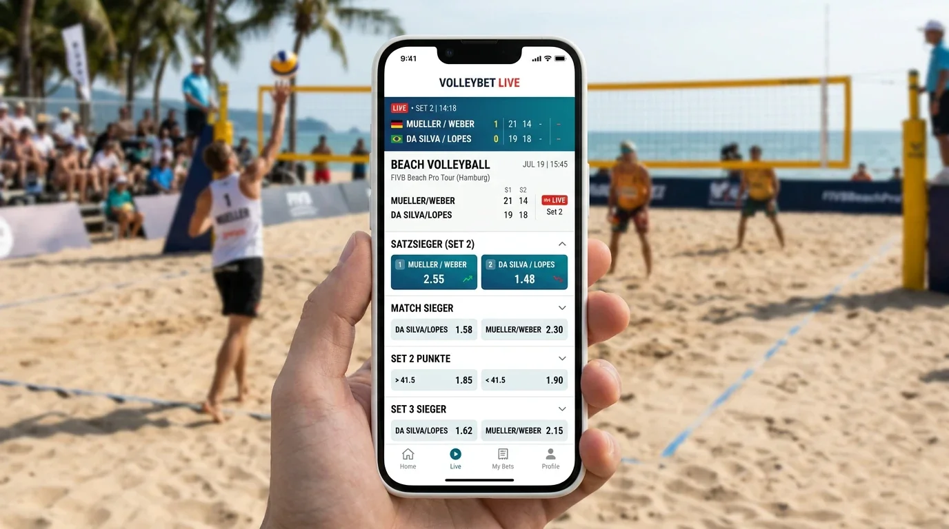 In-Play-Live-Wett-Interface einer Sportwetten-App für Beachvolleyball mit dynamischen Quoten und Scoreboard