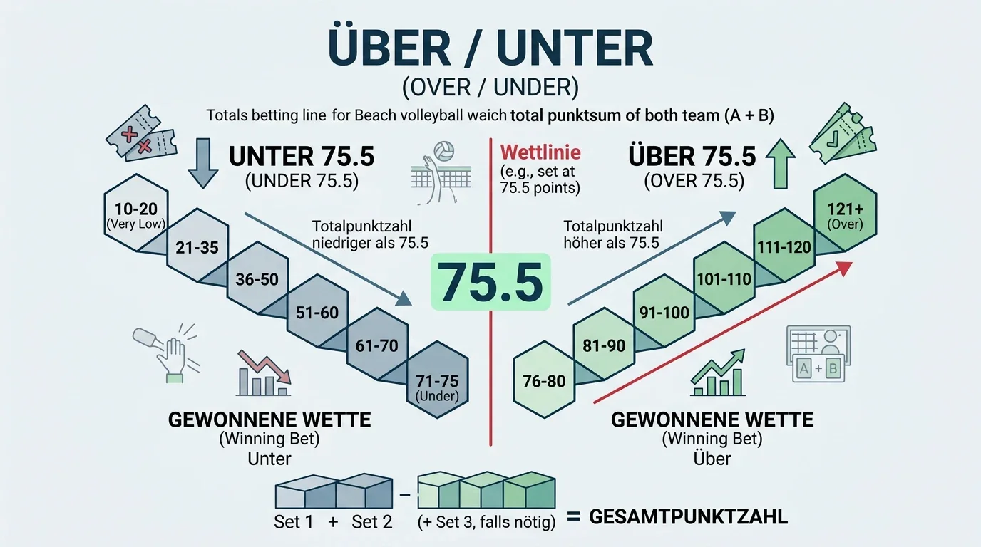 Über/Unter-Konzept Beachvolleyball: Schematische Darstellung der Totals-Linie mit möglichen Punktsummen