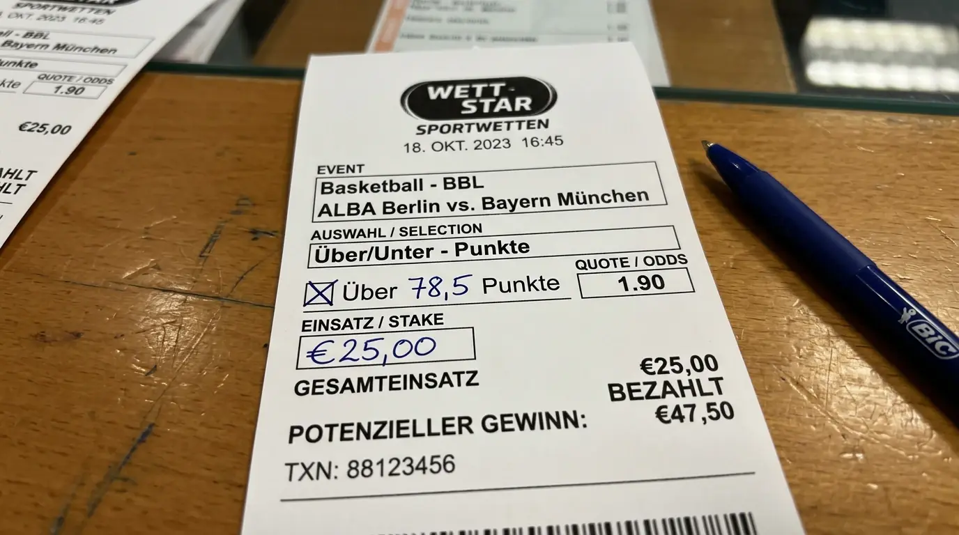 Ausgefüllter Wettschein für Über/Unter-Beachvolleyball-Wette mit Linie und Einsatz bei GGL-lizenziertem Anbieter