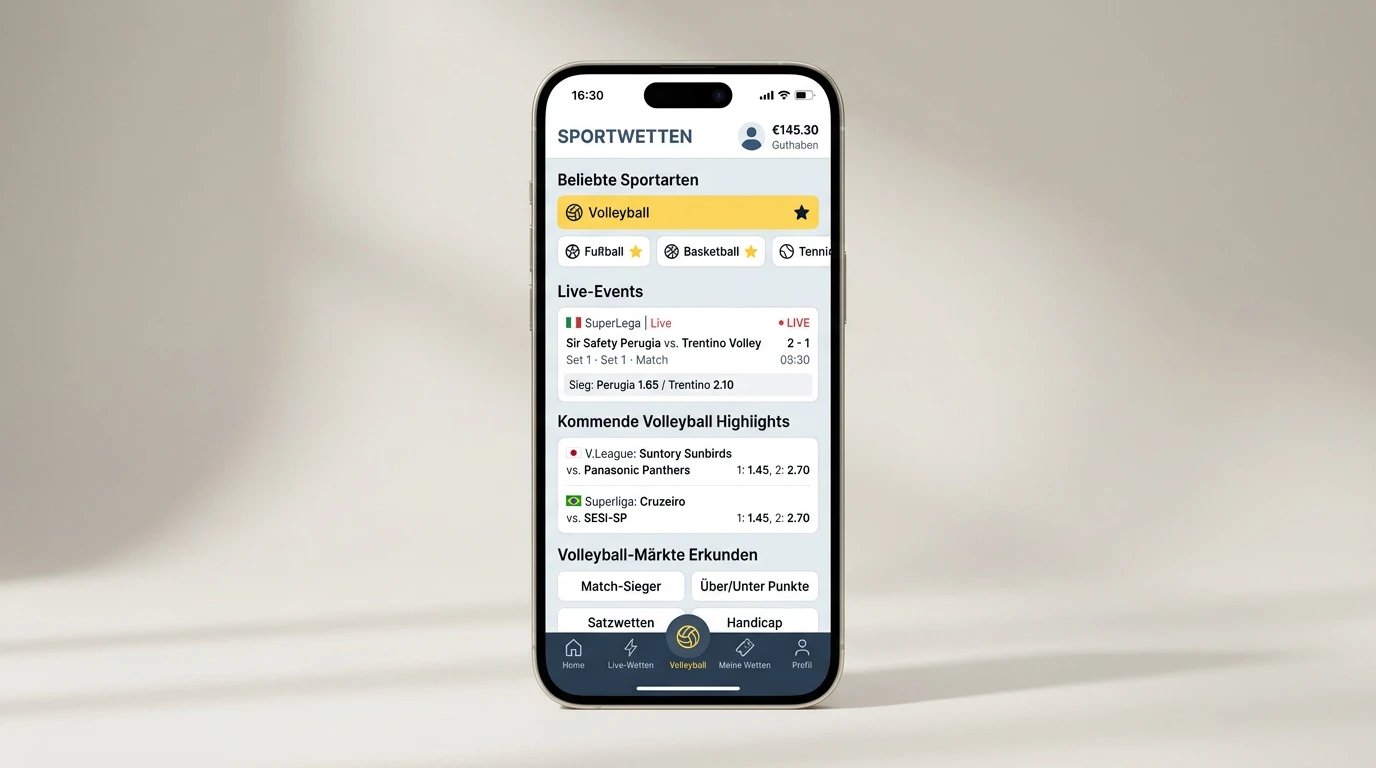 Benutzeroberfläche einer Sportwetten App mit übersichtlicher Volleyball Marktnavigation
