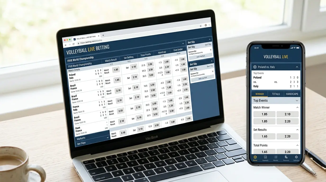 Desktop-Browser und Smartphone nebeneinander beim Volleyball Live Wetten Plattformvergleich