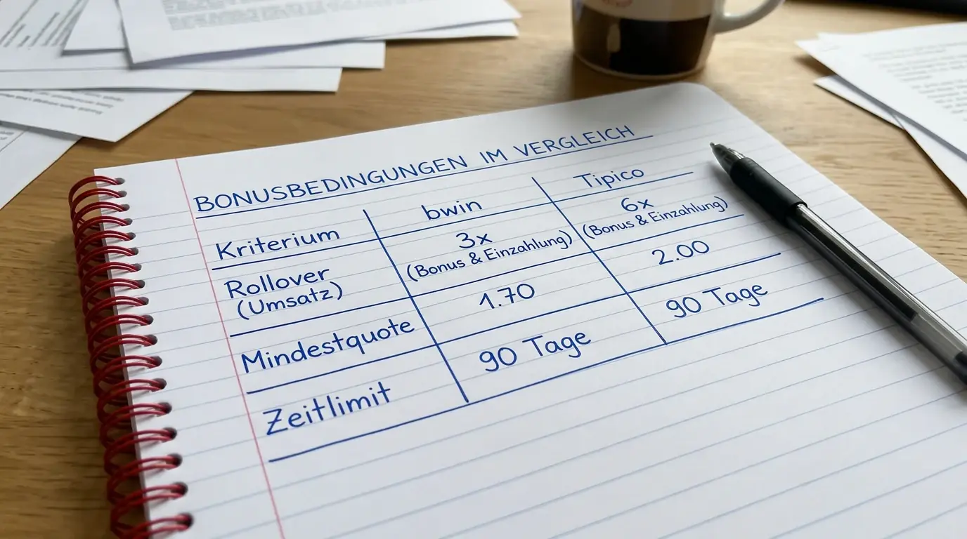 Vergleich von bwin- und Tipico-Bonusbedingungen: Gegenüberstellung von Rollover, Mindestquote und Zeitlimit