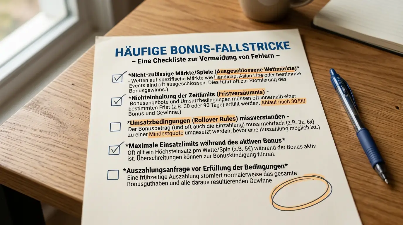 Häufige Fallstricke bei Sportwetten-Bonusbedingungen: Checkliste mit ausgeschlossenen Märkten und Zeitlimits