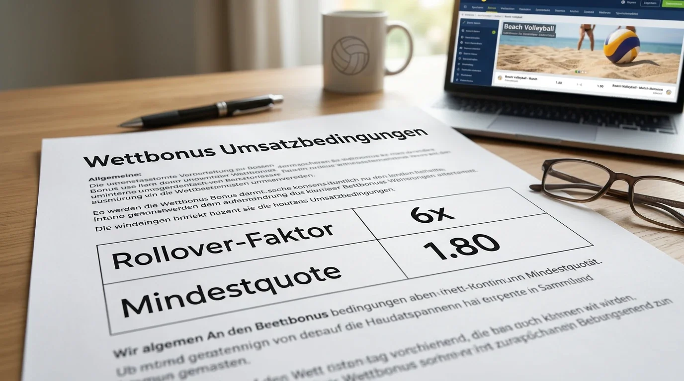 Sportwetten Bonus Umsatzbedingungen erklärt: Dokument mit Rollover-Faktor und Mindestquote für Beachvolleyball-Wetten