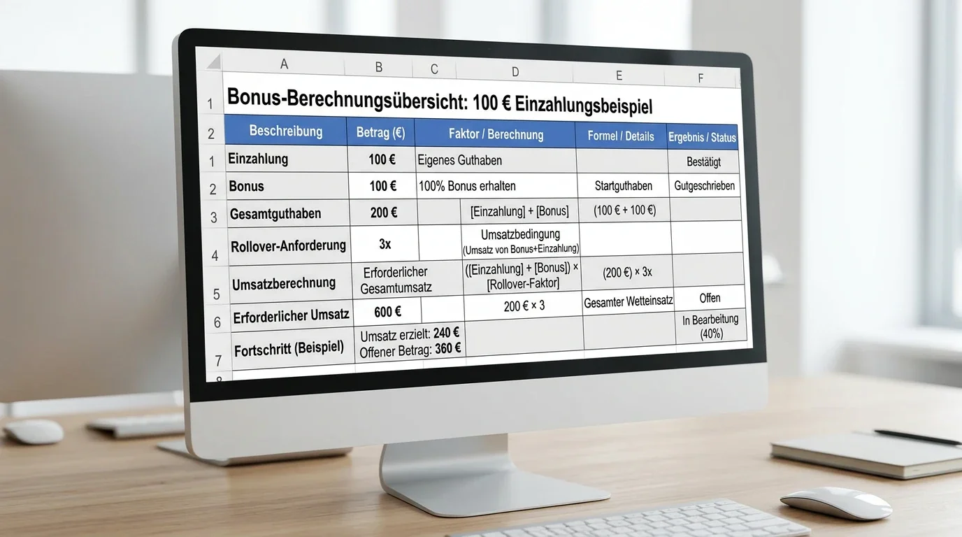 Schritt-für-Schritt-Rollover-Berechnung: Tabelle mit 100-Euro-Bonus, Faktor und erforderlichem Gesamtumsatz