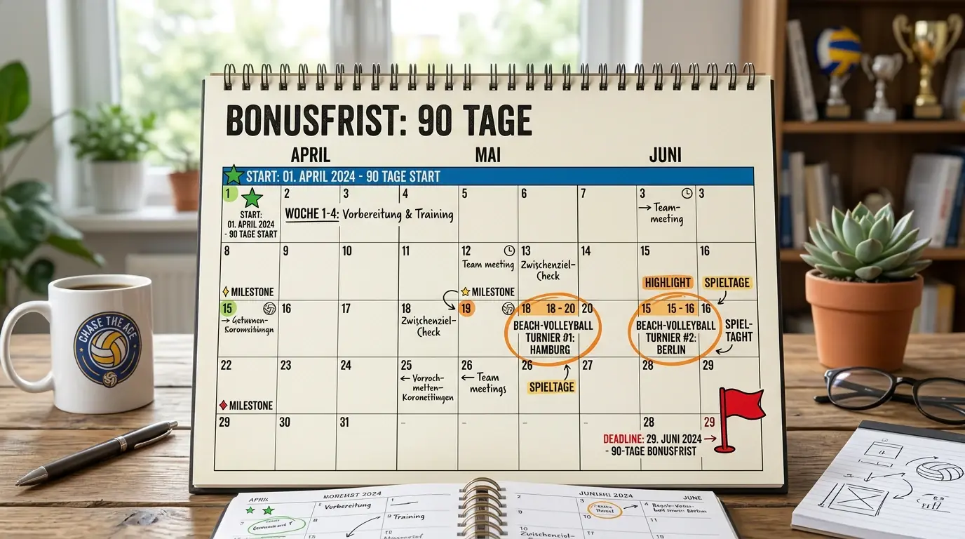 Zeitlimit beim Sportwetten-Bonus: Kalender zeigt 90-Tage-Frist für Rollover-Erfüllung mit markierten Terminen
