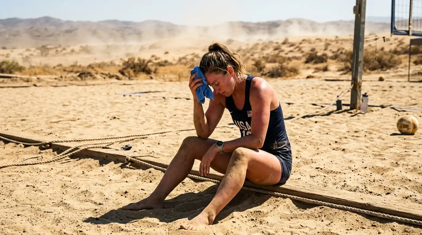 Beachvolleyball-Spieler in extremer Hitze auf Sandfläche – Hitzestress als Wettfaktor bei internationalen Turnieren