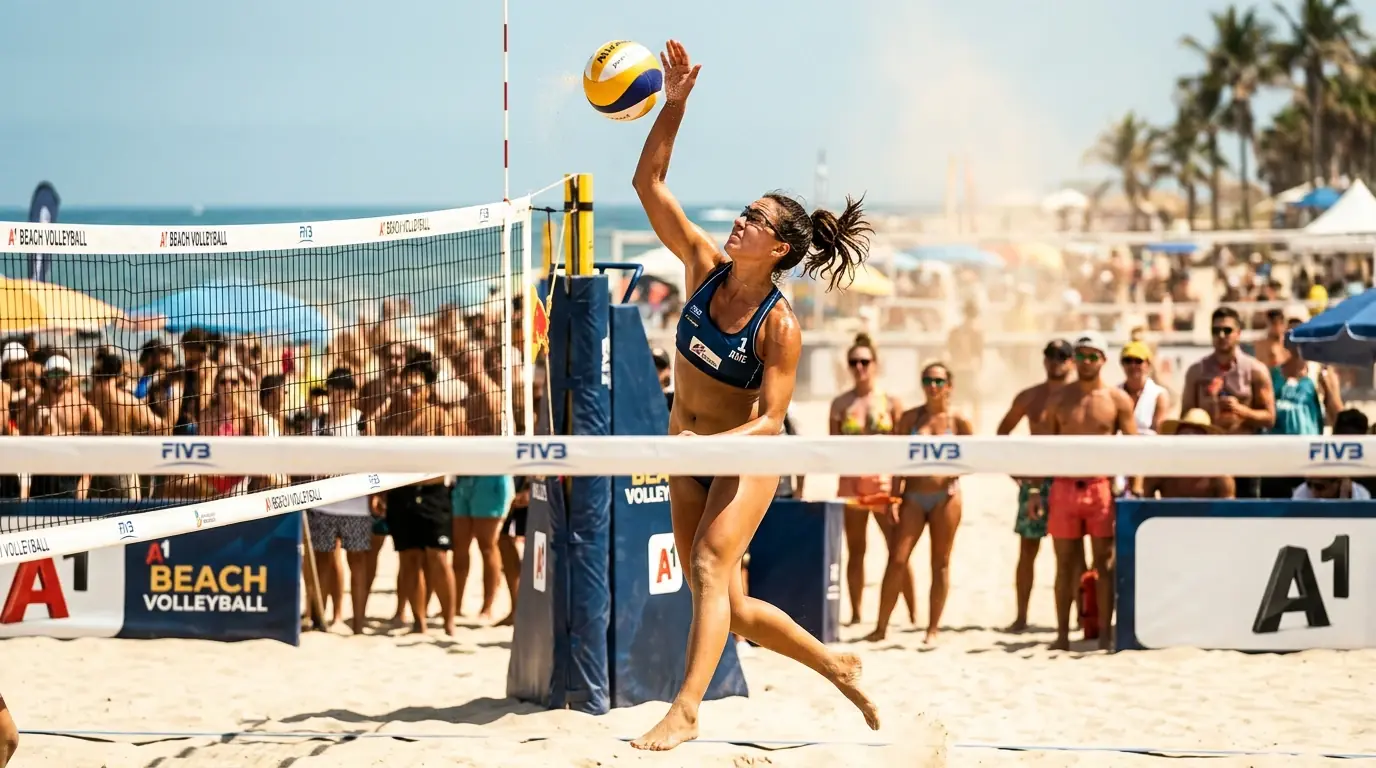 Beachvolleyball-Spielerin beim Aufschlag unter extremer Sonneneinstrahlung – Wetterfaktor bei Sportwetten